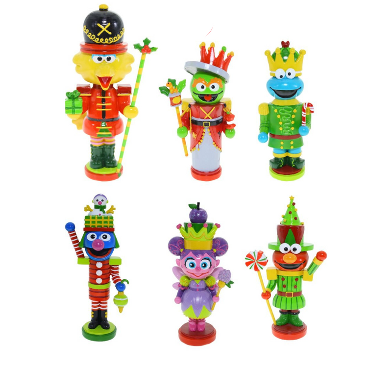 Assorted Sesame Street hanging Christmas ornaments featuring Elmo, Cookie Monster, Big Bird, and other colorful characters.