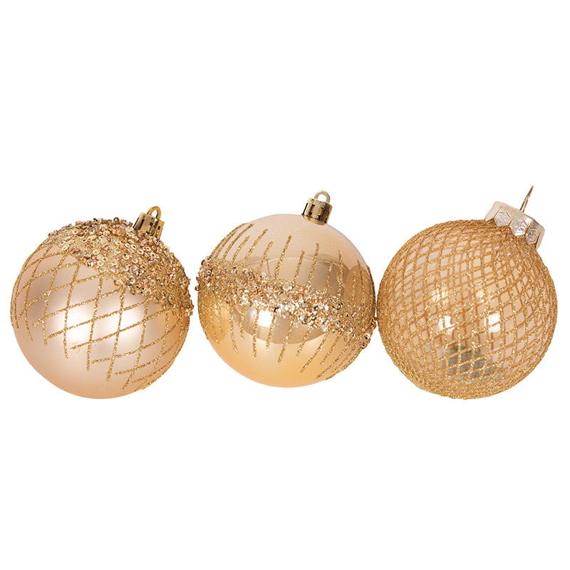 Shatterproof bauble 8cm in assorted gold shades, durable and elegant for enhancing Christmas tree decorations.