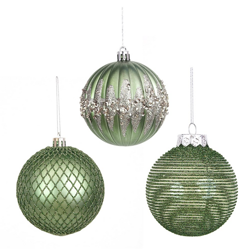 Shatterproof Baubles 8cm Sage Green Assorted in PDQ Tray for Christmas tree and festive décor