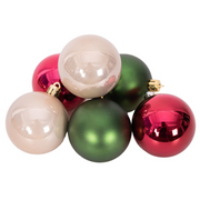 Shatterproof baubles in assorted berry tones, 6x6cm, with mixed finishes for festive decorating