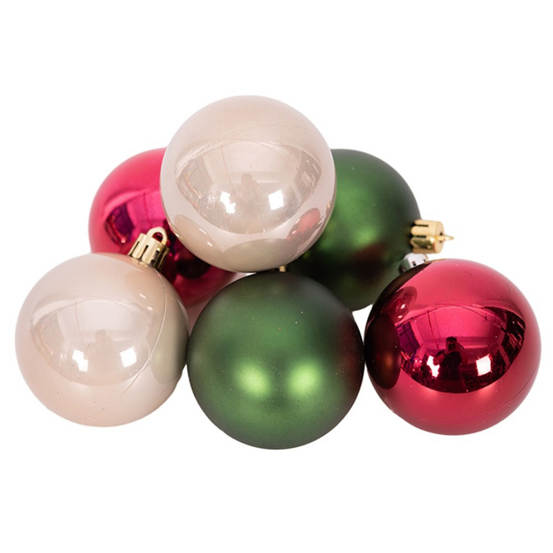 Shatterproof baubles in assorted berry tones, 6x6cm, with mixed finishes for festive decorating