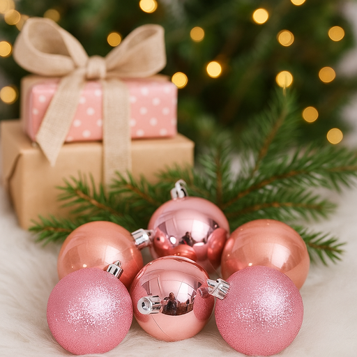 Set of 6 pink shatterproof Christmas baubles, 6cm, with assorted finishes for tree or wreath decoration