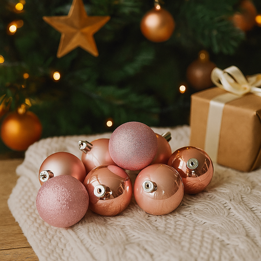Pack of 8 pink shatterproof Christmas baubles, 5cm, with assorted finishes for festive decorating