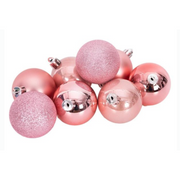 Pack of 8 pink shatterproof Christmas baubles, 5cm, with assorted finishes for festive decorating