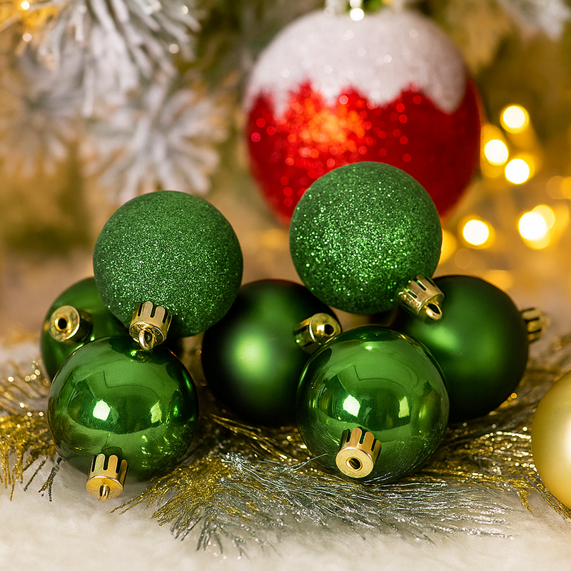 Forest green oval shatterproof baubles with shiny, pearl, and glitter finishes – 8x5cm Christmas ornaments