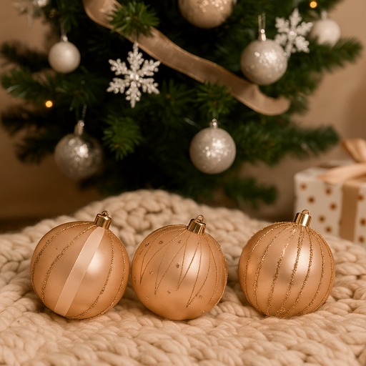 Assorted 8cm champagne shatterproof baubles in PDQ tray with glossy, matte, and glitter finishes for elegant Christmas decorating