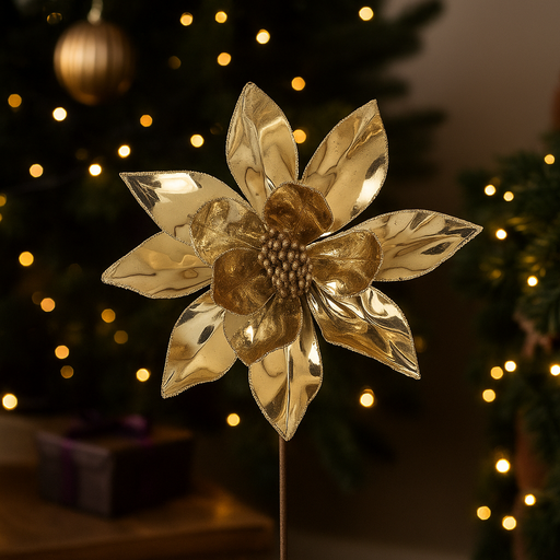 Shiny champagne poinsettia with 13 petals on 50cm stem, 31cm diameter festive flower