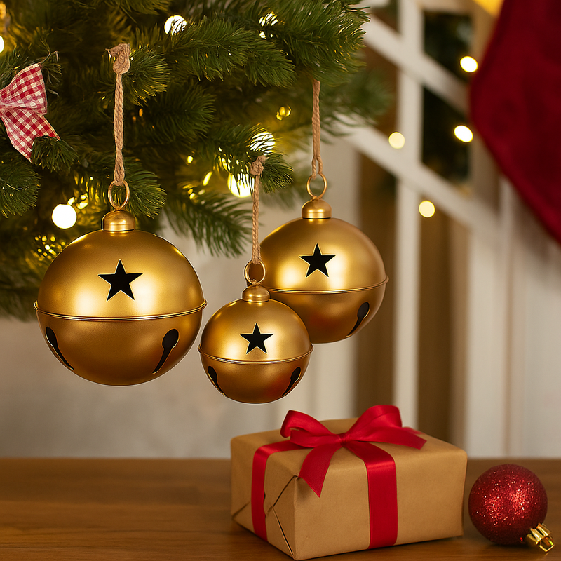 Set of 3 Shiny Jumbo Gold Bells 45cm with glossy metallic finish, perfect for Christmas hanging decorations.