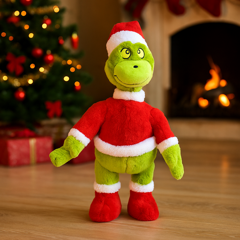 Singing and Dancing Green Monster 30cm – Plush animated Grinch-style Christmas toy that sings and moves