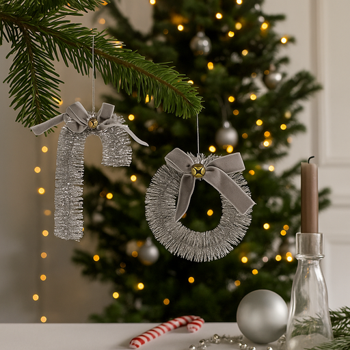 Silver sisal wreath and cane Christmas tree ornaments, assorted sizes 12x4cm and 8.5x10cm
