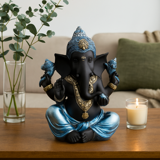 Sitting Ganesh in Shiny Blue Finish 27cm decorative statue