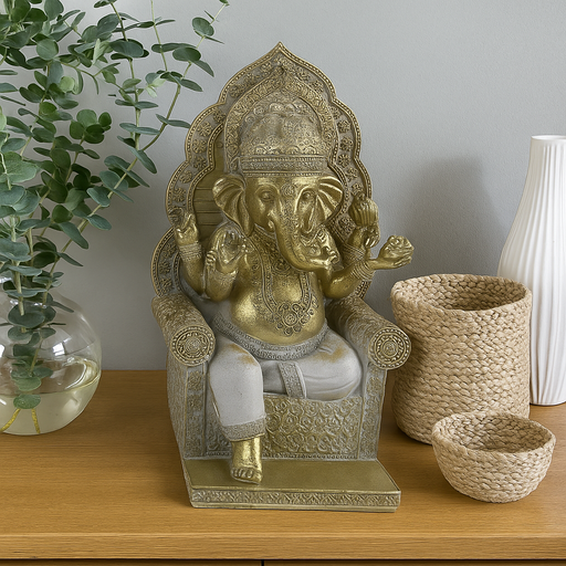 25cm Sitting Ganesh Idol on Ornate Throne – Decorative Spiritual Figurine