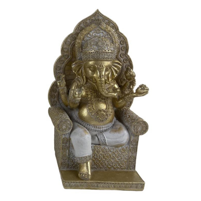25cm Sitting Ganesh Idol on Ornate Throne – Decorative Spiritual Figurine