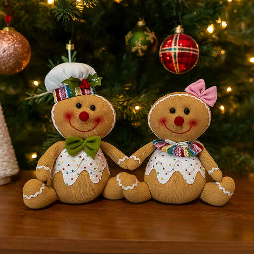 Assorted 33cm Sitting Gingerbread decorations with festive outfits for Christmas shelf and table decor