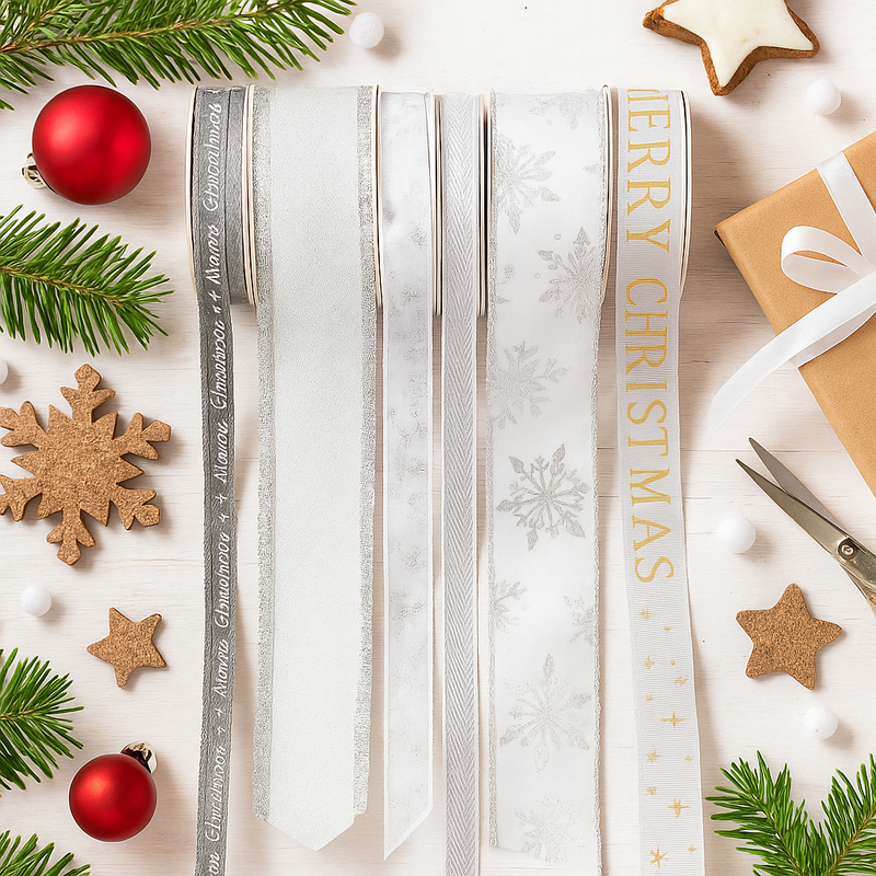 Sleigh Bells Ribbons assorted designs 500cm rolls in PDQ display for gift wrapping and crafts