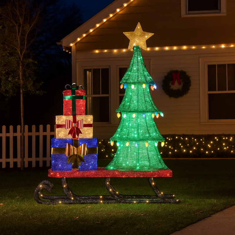 Large 183cm Christmas sleigh display with LED-lit tree and presents, suitable for indoor and outdoor holiday decoration