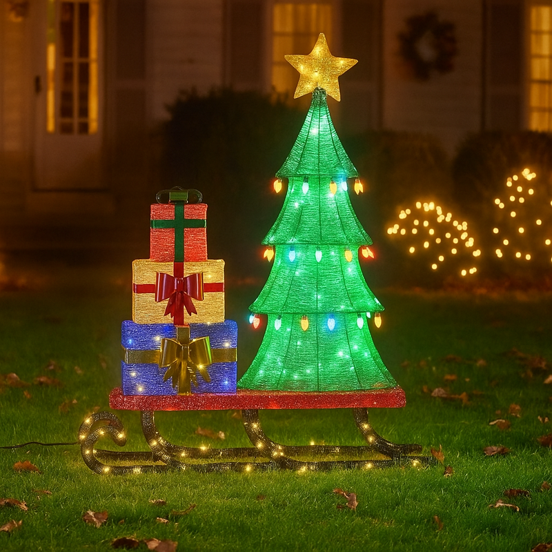 Large 183cm Christmas sleigh display with LED-lit tree and presents, suitable for indoor and outdoor holiday decoration
