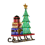 Large 183cm Christmas sleigh display with LED-lit tree and presents, suitable for indoor and outdoor holiday decoration