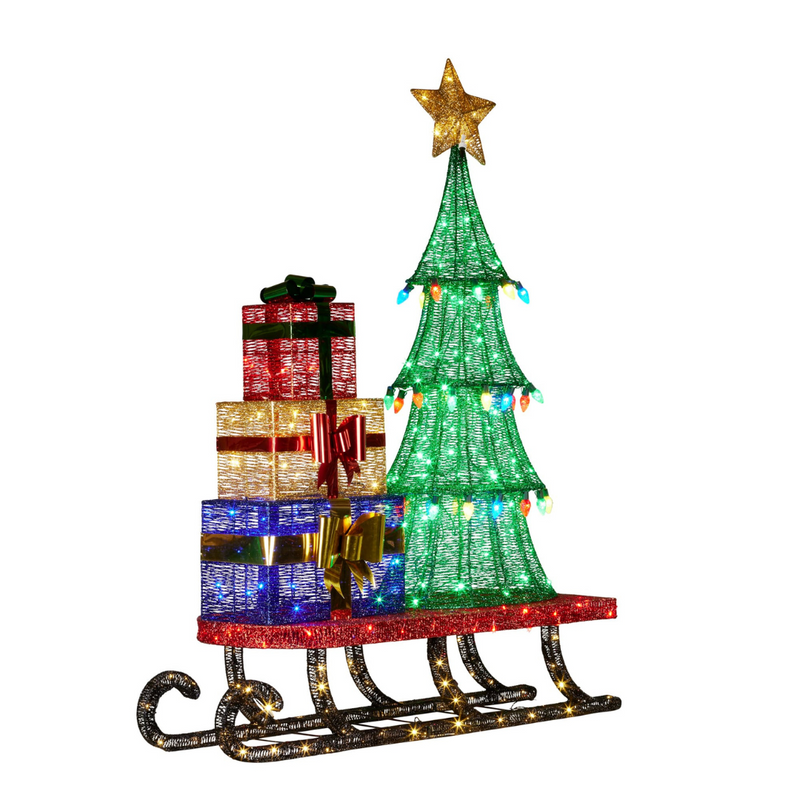 Large 183cm Christmas sleigh display with LED-lit tree and presents, suitable for indoor and outdoor holiday decoration