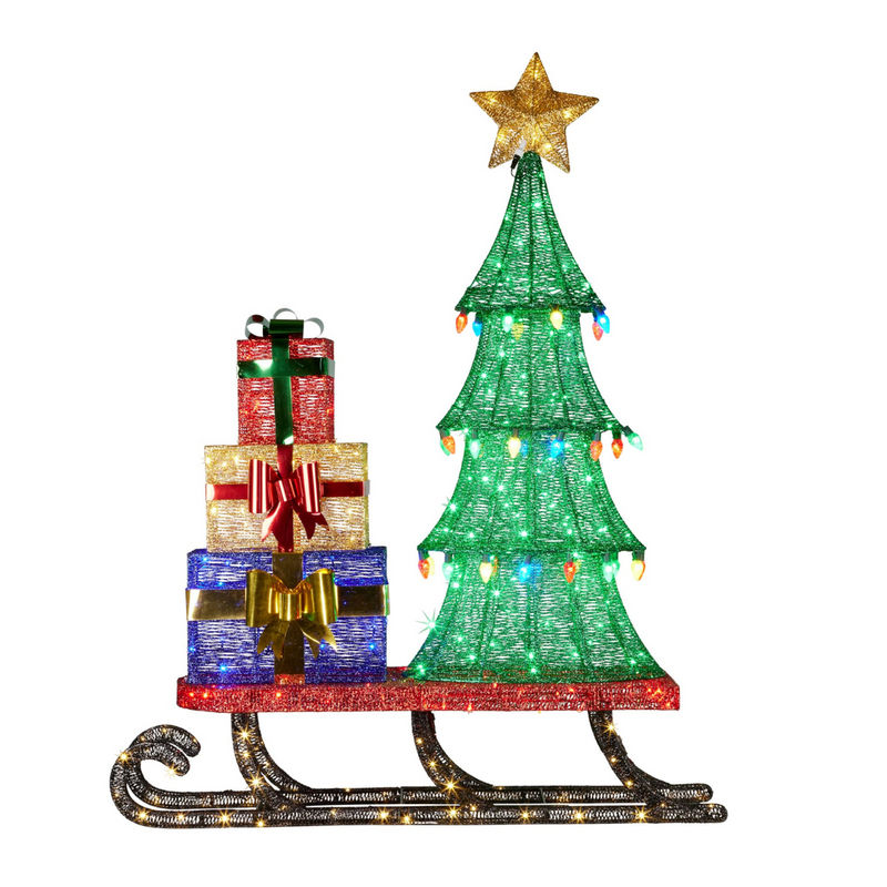 Large 183cm Christmas sleigh display with LED-lit tree and presents, suitable for indoor and outdoor holiday decoration
