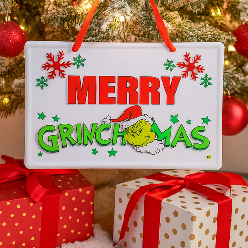 Small Metal Merry Grinchmas sign with Grinch illustration, 15x10cm festive holiday décor.