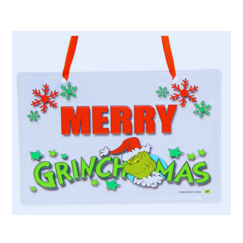 Small Metal Merry Grinchmas sign with Grinch illustration, 15x10cm festive holiday décor.