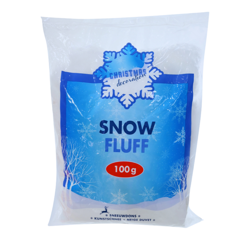 Snow Fluff 100g pack – soft fluffy decorative snow for Christmas trees, displays, and crafts.