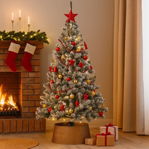 210cm snowcapped artificial Christmas tree with 650 tips and metal base, featuring snow-frosted green branches