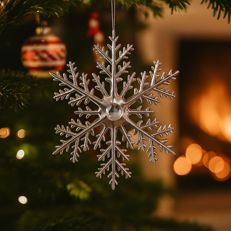 Silver snowflake tree ornament, 14.3cm plastic Christmas decoration