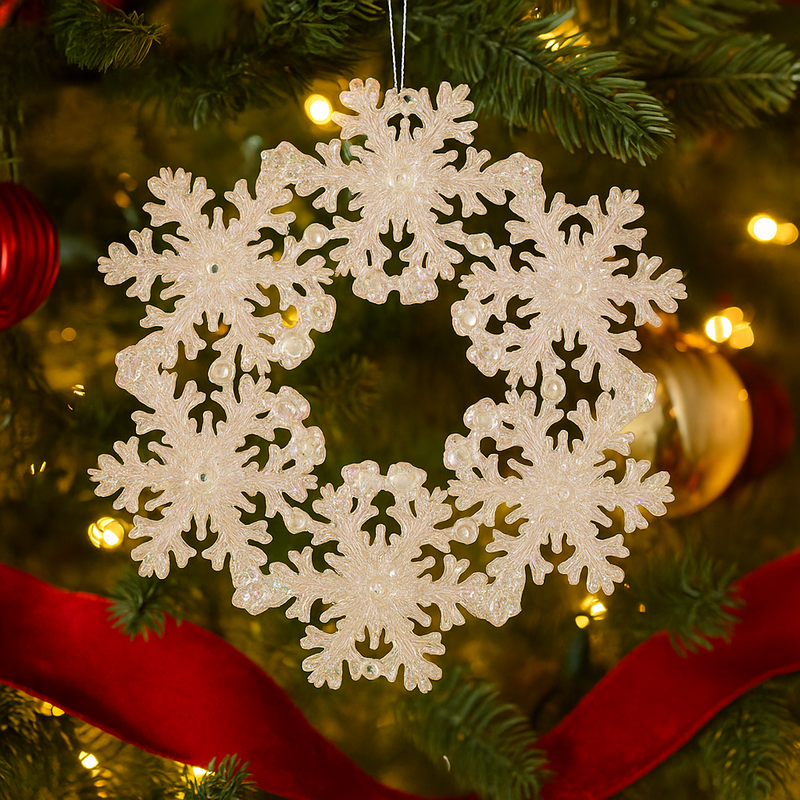 White iridescent acrylic snowflake wreath ornament, 12.6cm, for Christmas tree décor
