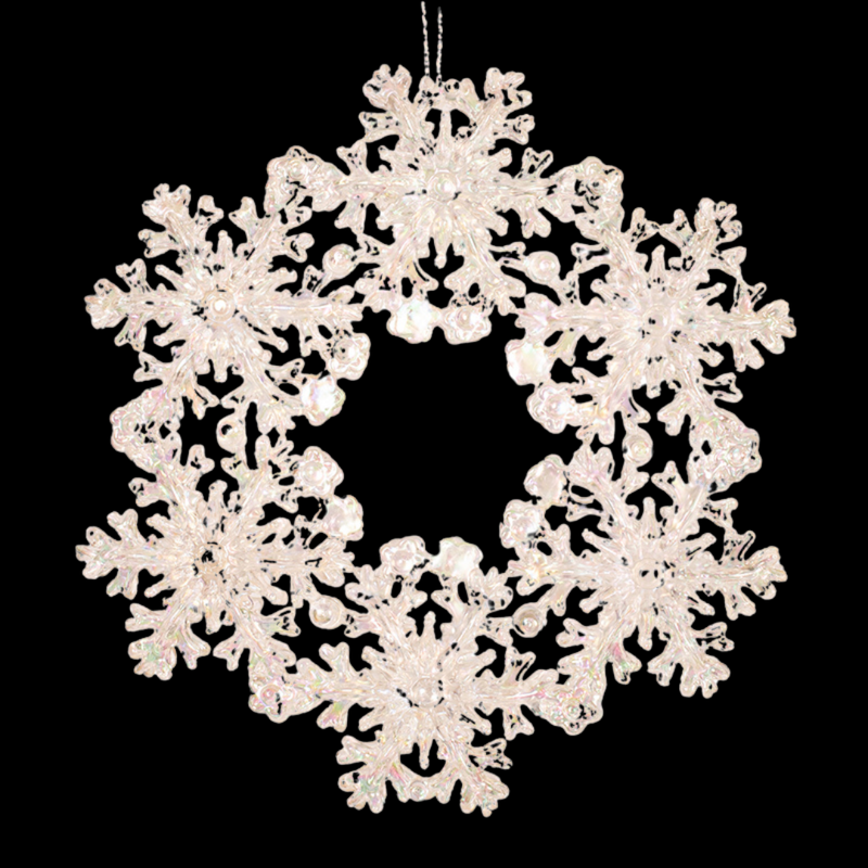White iridescent acrylic snowflake wreath ornament, 12.6cm, for Christmas tree décor