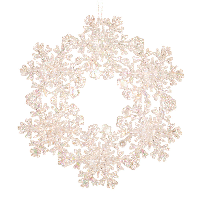 White iridescent acrylic snowflake wreath ornament, 12.6cm, for Christmas tree décor
