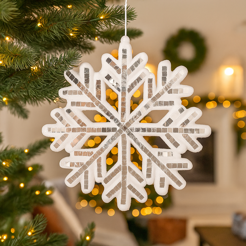White snowflake ornament with mirror details and glitter, 25cm polyfoam Christmas decoration