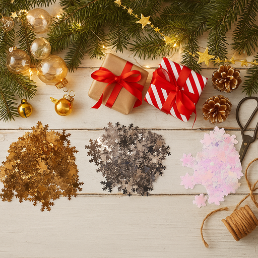 24g pack of assorted snowflake-shaped die cut confetti in white, silver, and icy colors