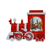 Vintage-style snowing Christmas train with LED lights and swirling snow effect around festive holiday scene