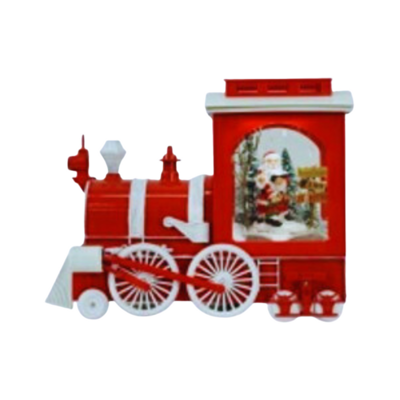 Vintage-style snowing Christmas train with LED lights and swirling snow effect around festive holiday scene
