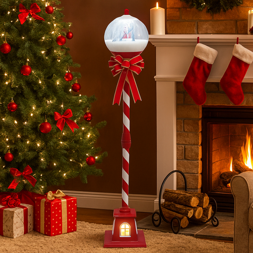 Snowing globe floor lamp with LED lights and snowfall effect, tall festive indoor decoration