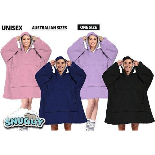 Adult Snuggy Sherpa hoodie in assorted solid colours, featuring ultra-soft sherpa fleece for warm, cosy comfort during cold days and nights.