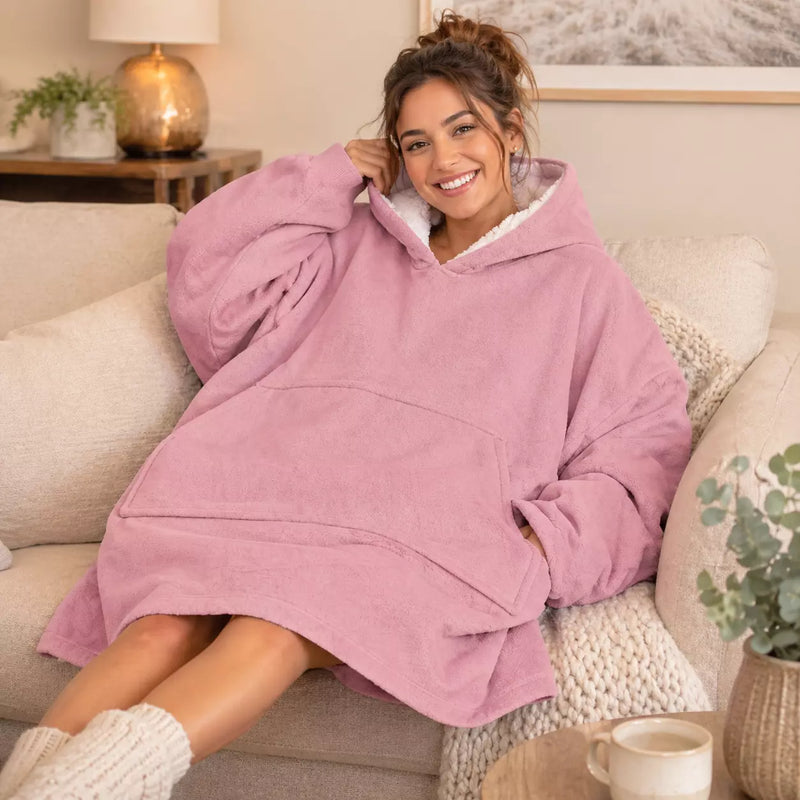 Adult Snuggy Sherpa hoodie in assorted solid colours, featuring ultra-soft sherpa fleece for warm, cosy comfort during cold days and nights.