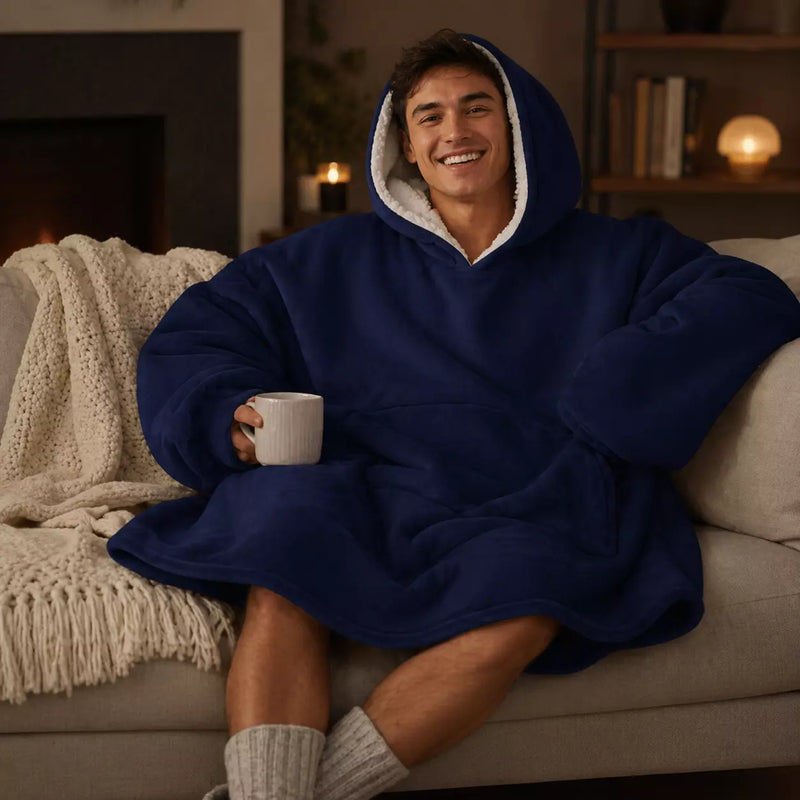 Adult Snuggy Sherpa hoodie in assorted solid colours, featuring ultra-soft sherpa fleece for warm, cosy comfort during cold days and nights.