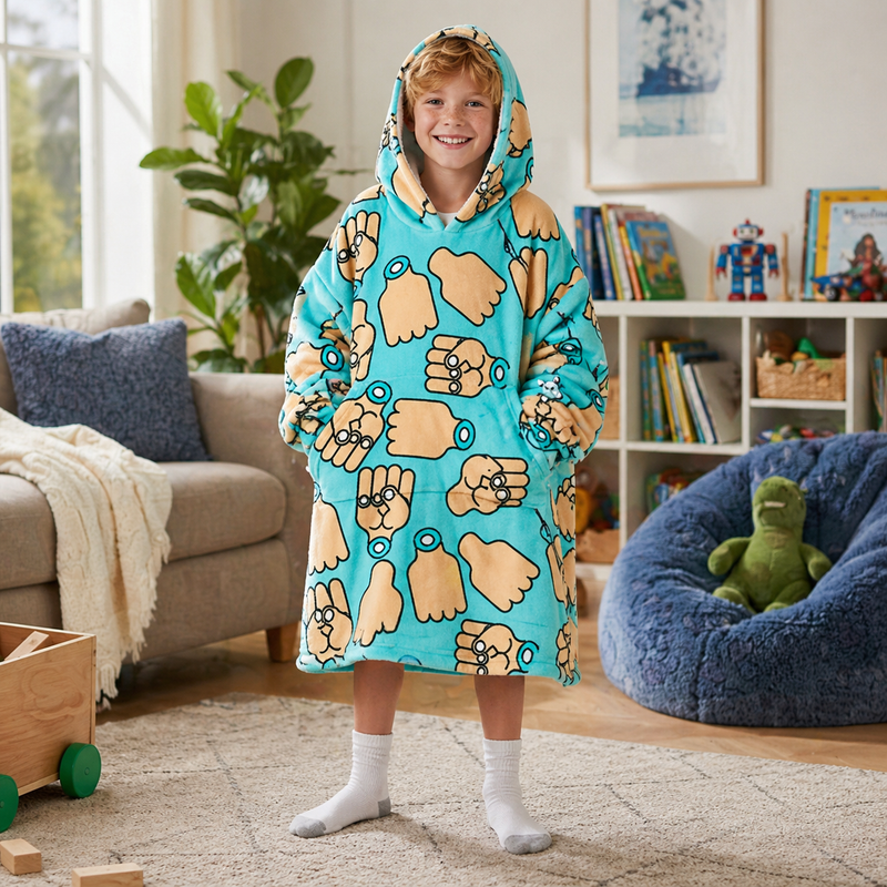 Boys Snuggy Sherpa hoodie in assorted printed designs, featuring ultra-soft sherpa fleece for warm, cosy comfort during chilly days and nights.