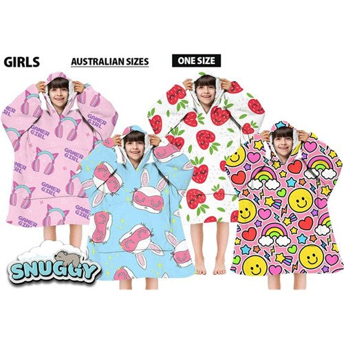 Girls Snuggy Sherpa hoodie in assorted printed designs, featuring ultra-soft sherpa fleece for warm, cosy comfort during chilly days and nights.