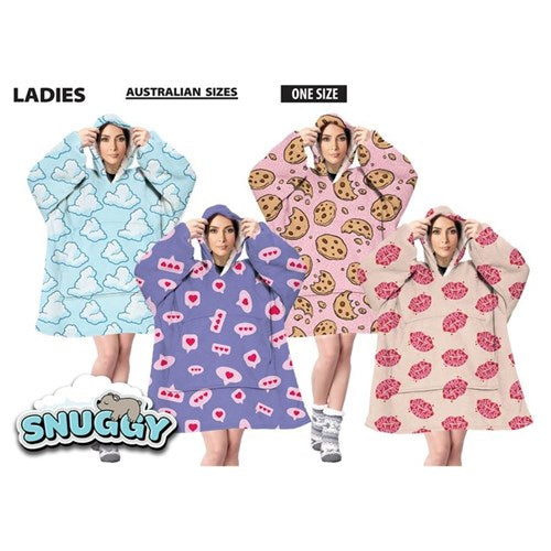 Ladies printed Snuggy Sherpa hoodie featuring ultra-soft sherpa fleece for warm, cosy comfort during cold winter days and nights.