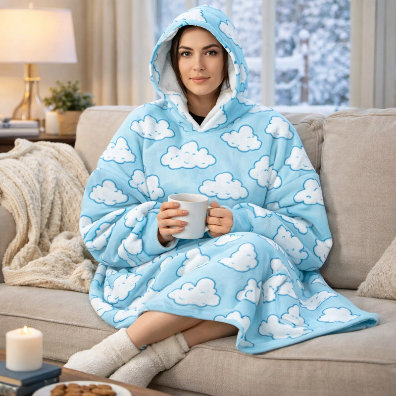 Ladies printed Snuggy Sherpa hoodie featuring ultra-soft sherpa fleece for warm, cosy comfort during cold winter days and nights.