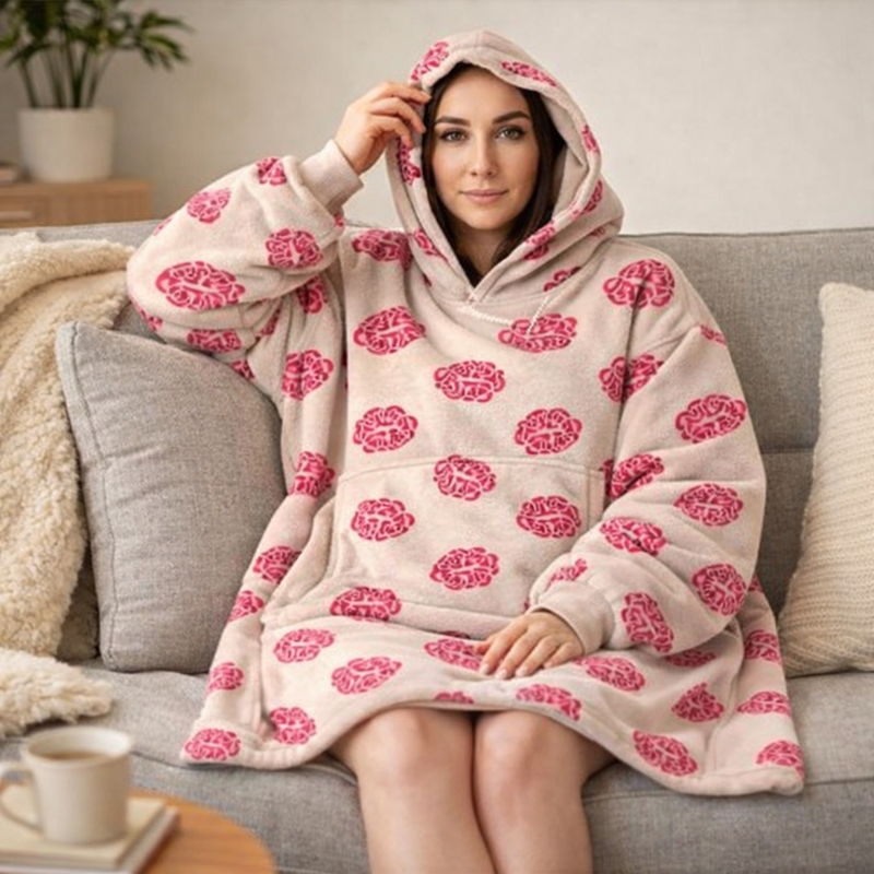 Ladies printed Snuggy Sherpa hoodie featuring ultra-soft sherpa fleece for warm, cosy comfort during cold winter days and nights.
