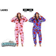 Ladies Snuggy Sherpa onesie in assorted designs, featuring ultra-soft sherpa fleece for warm, cosy comfort during cold days and nights. – thumbnail