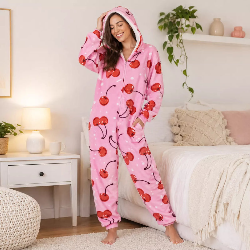 Ladies Snuggy Sherpa onesie in assorted designs, featuring ultra-soft sherpa fleece for warm, cosy comfort during cold days and nights.