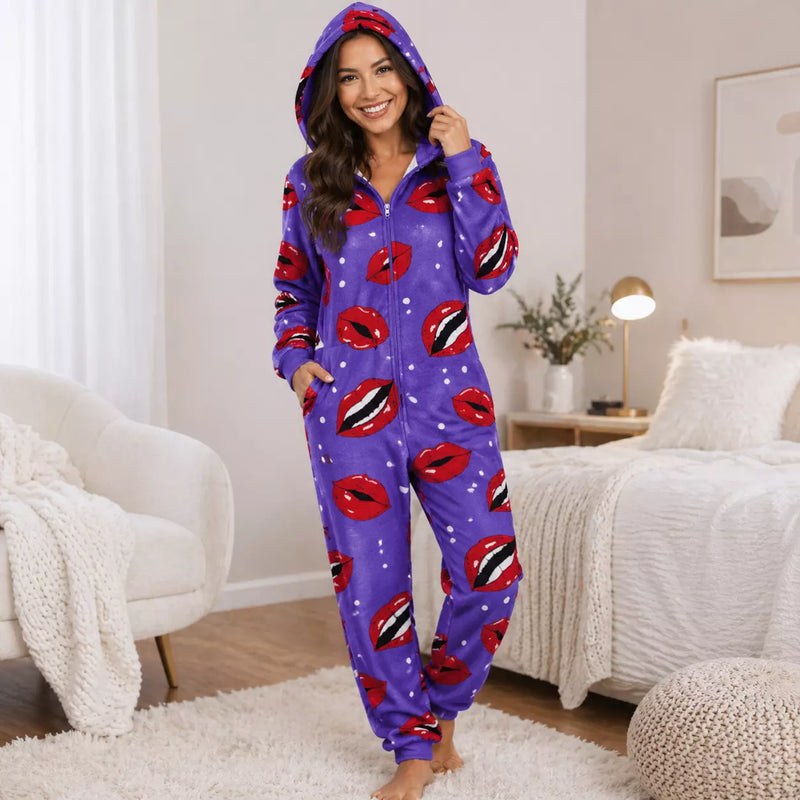 Ladies Snuggy Sherpa onesie in assorted designs, featuring ultra-soft sherpa fleece for warm, cosy comfort during cold days and nights.