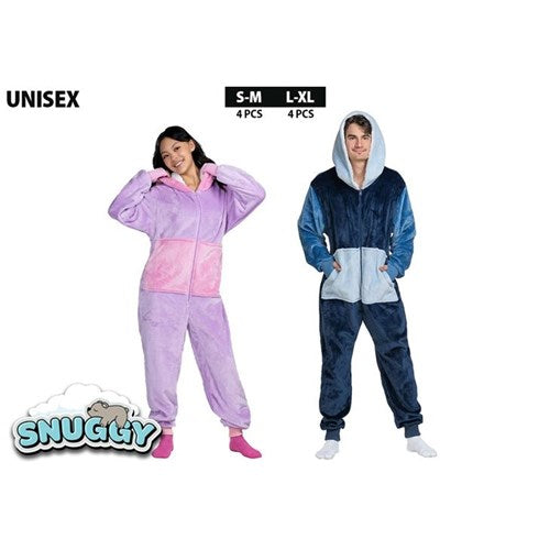 Unisex Snuggy Sherpa onesie in assorted designs, featuring ultra-soft sherpa fleece for warm, cosy comfort during cold days and nights.