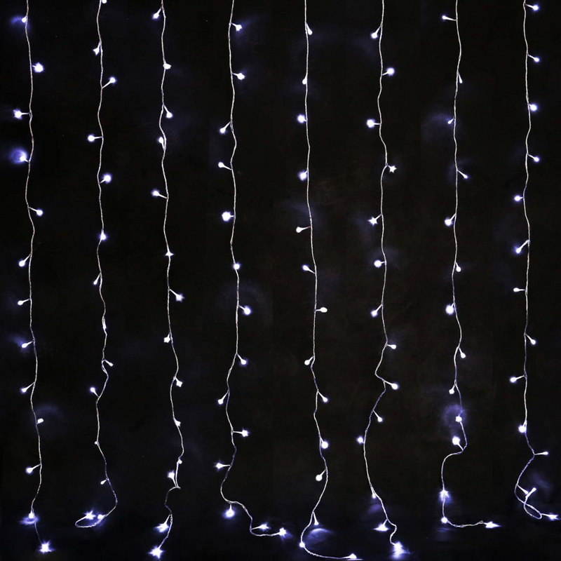 Solar powered white LED curtain light with 160 cascading bulbs for outdoor decorative lighting